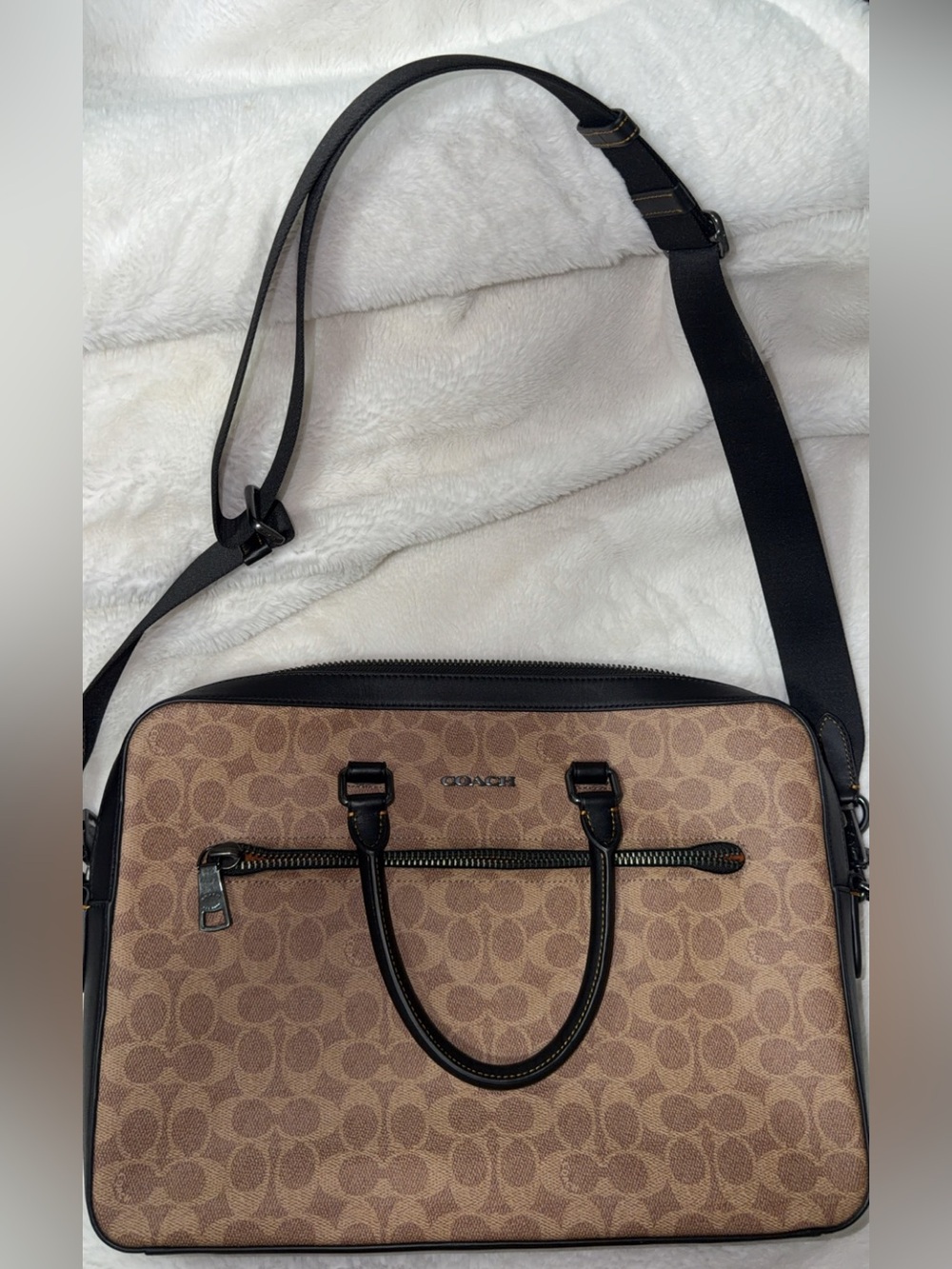 Coach Brown Signature Canvas Laptop Messenger with Black Trim